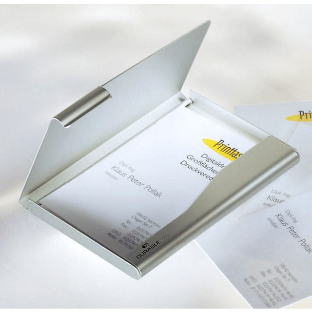 Durable Visitkortshållare, 20 kort, aluminium, 68 x 13 x 125 mm, silver | Kontorsmaterial - Till skrivbordet - Visitkortshållare | Kontorsexperten