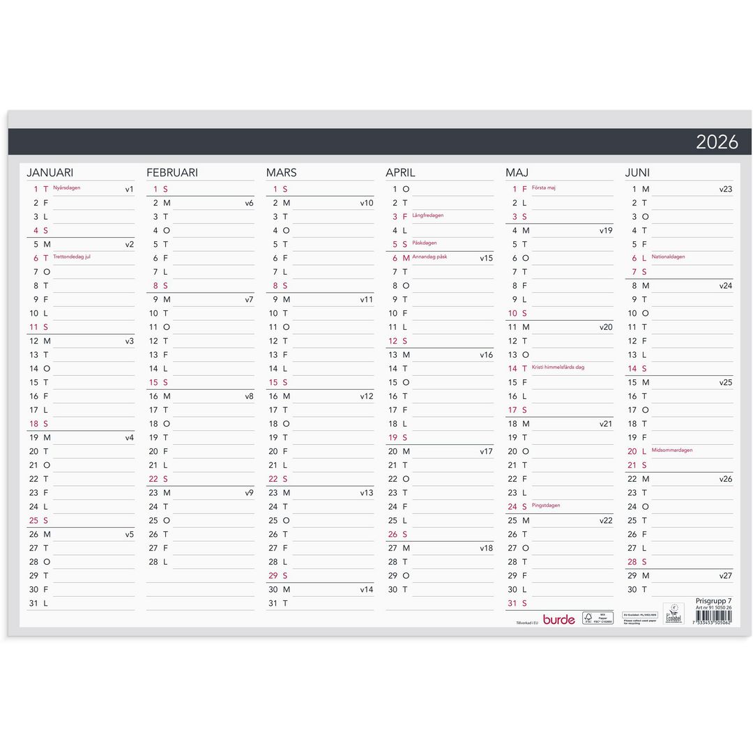 BURDE Väggblad Elegant 2026 420x297mm | Almanackor och kalendrar - Väggkalendrar - Väggblad | Kontorsexperten