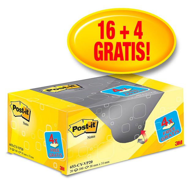 POST-IT Notislappar, 38 x 51 mm, Canary Yellow™, 20 x 100 blad, 653Y-20 20/fp | Kontorsmaterial - Notes och Post-It - Notes - Gula | Kontorsexperten