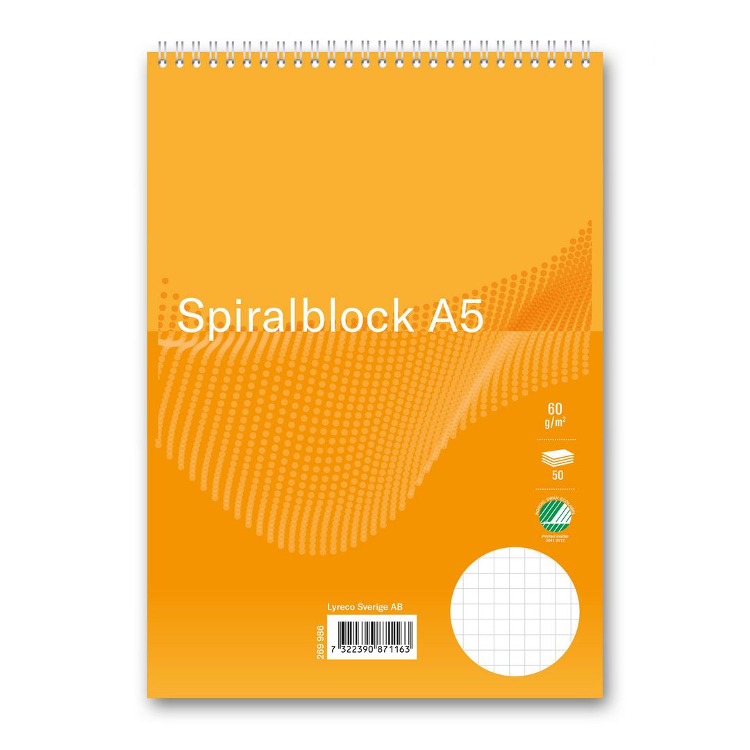 Spiralblock A5 60g 50 blad rutat | Kontorsmaterial - Block och anteckningsböcker - Spiralblock | Kontorsexperten