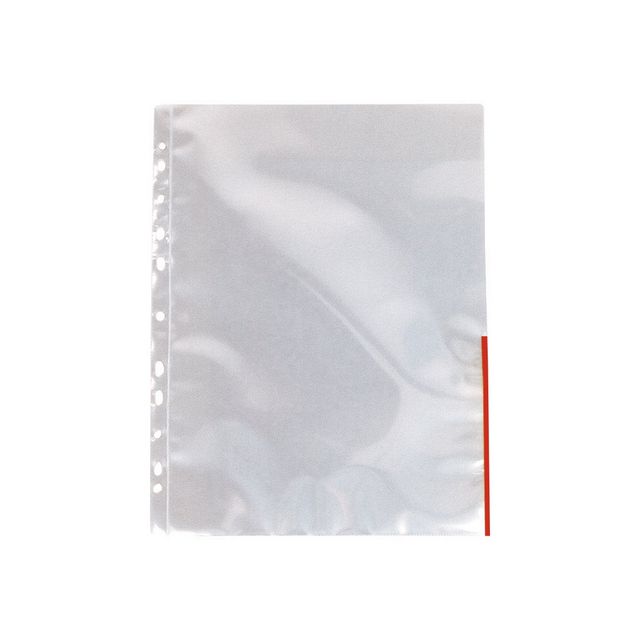 ESSELTE Plastficka signal, A4, stansad, 105 mikrometer, polypropylen, jämn, 11 hål, genomskinlig med röda remsor 100/fp | Kontorsmaterial - Mappar och plastfickor - Plastfickor - Signal | Kontorsexperten