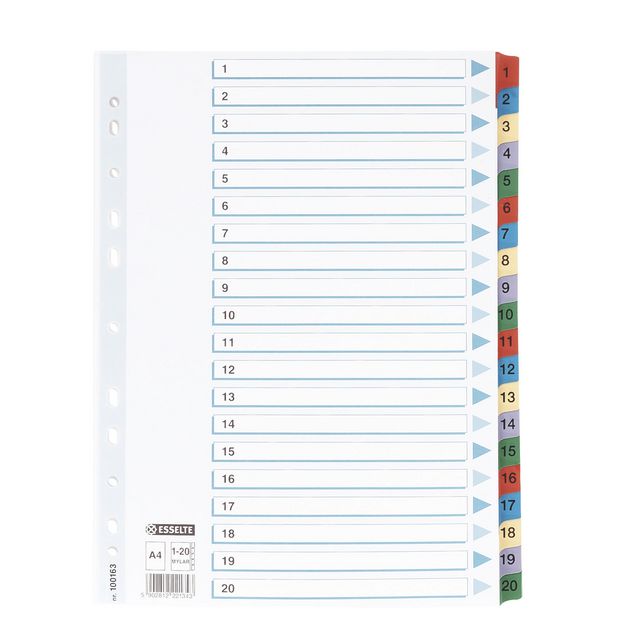 ESSELTE Indexavdelare, A4, kartong och polypropylen, 1–20 flikuppsättning, olika färger | Kontorsmaterial - Pärmar och register - Kartongregister | Kontorsexperten
