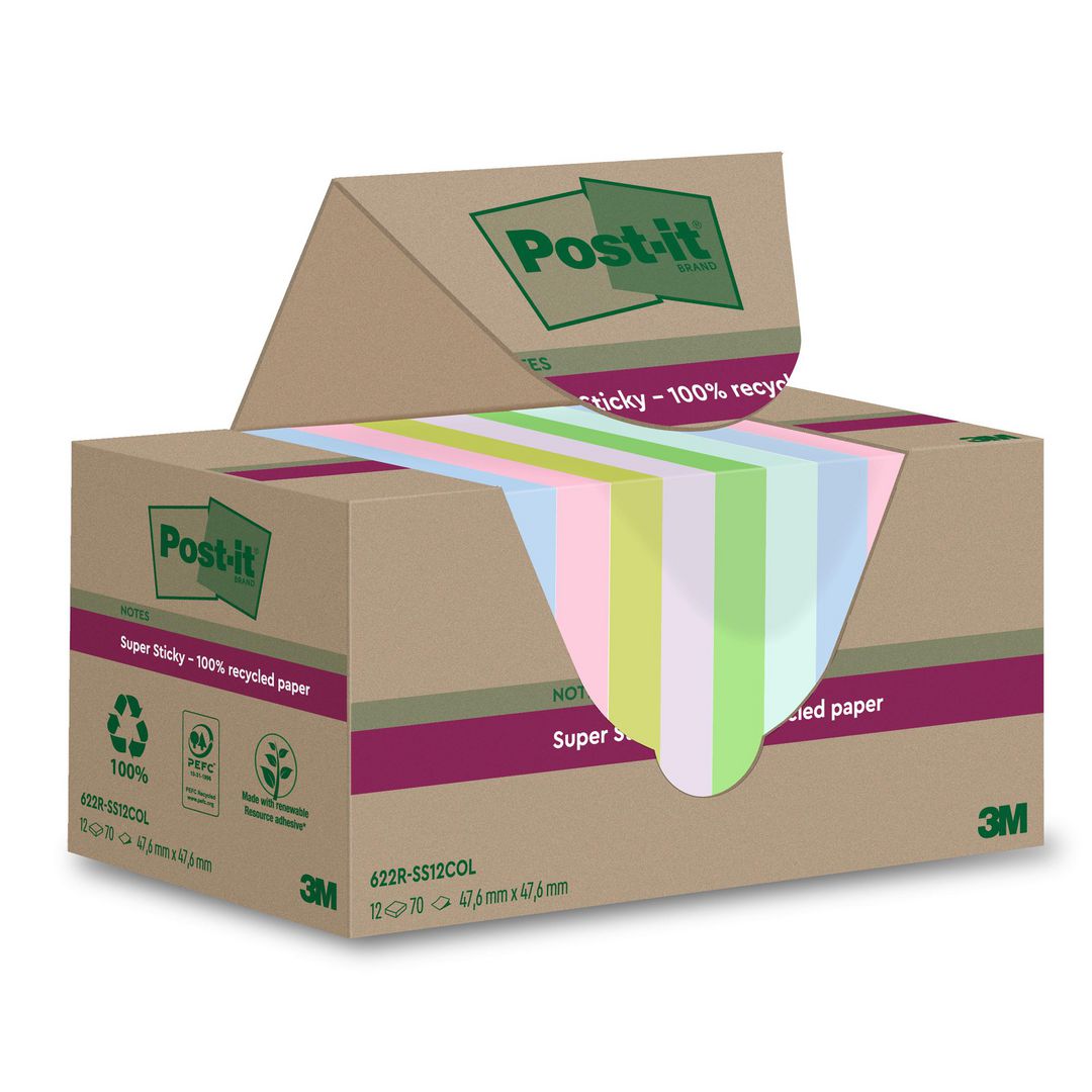 POST-IT Notes Super Sticky 47,6x47,6mm Recycled sorterade färger 12/fp | Kontorsmaterial - Notes och Post-It - Notes - Extra sticky | Kontorsexperten