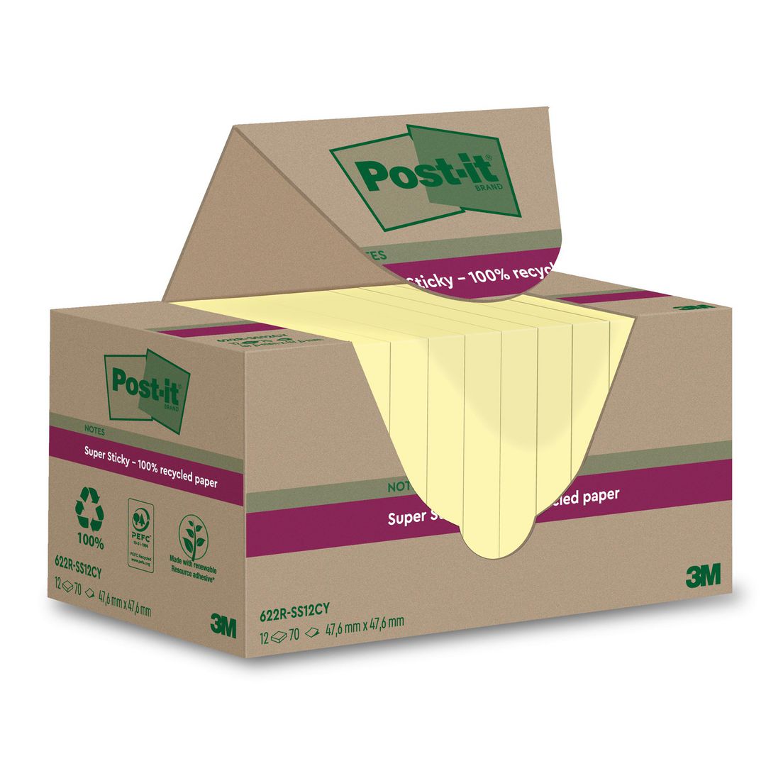 POST-IT Notes Super Sticky 47,6x47,6mm recycled gul 12/fp | Kontorsmaterial - Notes och Post-It - Notes - Extra sticky | Kontorsexperten