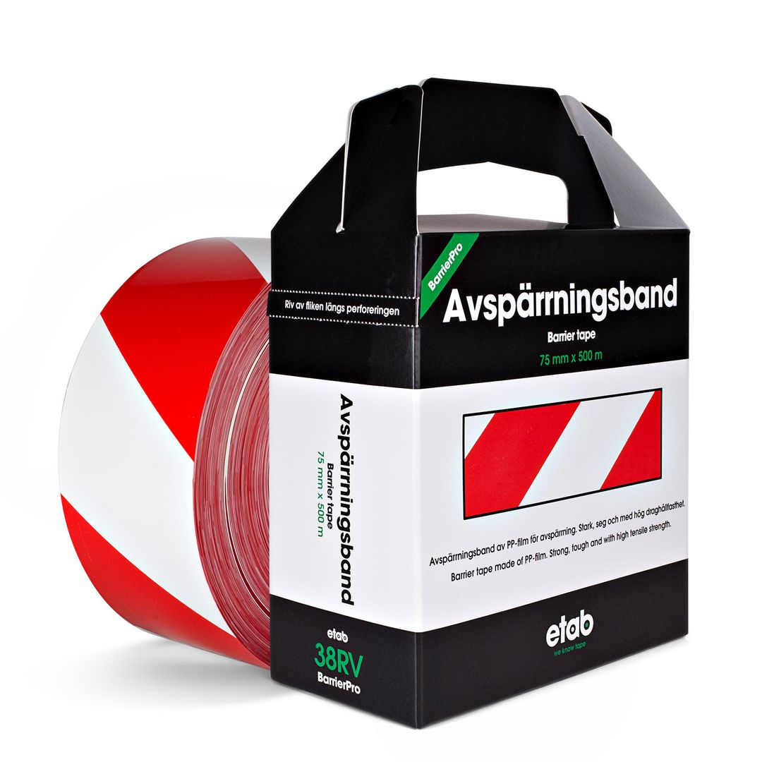 ETAB Avgränsningsband 38RV 75mmx500m röd/vit | Skyddsutrustning - Säkerhetsmärkning och skyltar - Tejper och symboler | Kontorsexperten