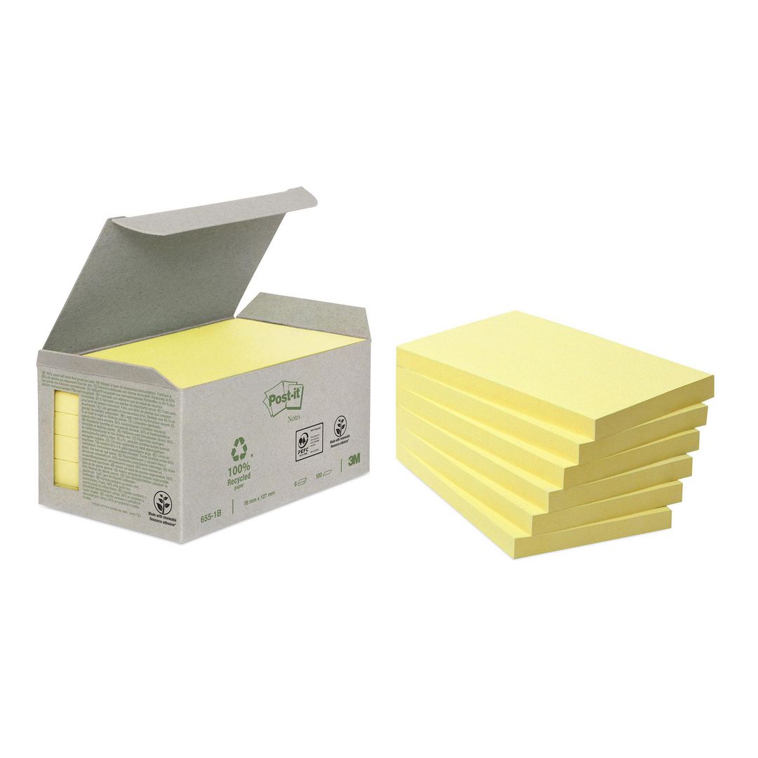 POST-IT Mini Tower-förpackning med återvunna Sticky Notes-notislappar, 76 x 127 mm, gula, 100 ark 6/fp | Kontorsmaterial - Notes och Post-It - Notes - Gula | Kontorsexperten