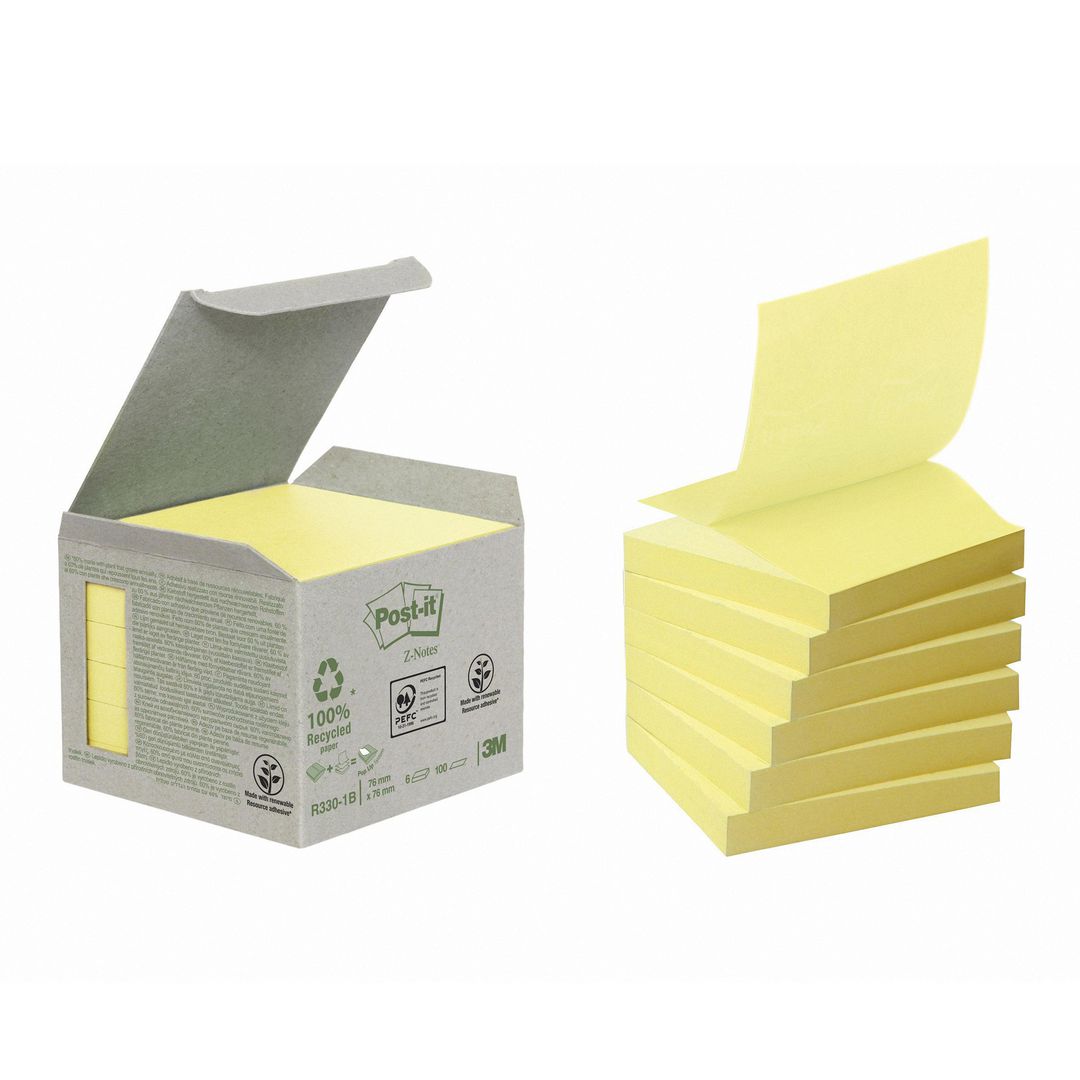 POST-IT Mini Tower-förpackning med återvunna Sticky Z-Notes-notislappar, 76 x 76 mm, gula, 100 ark 6/fp | Kontorsmaterial - Notes och Post-It - Notes - Z-block | Kontorsexperten