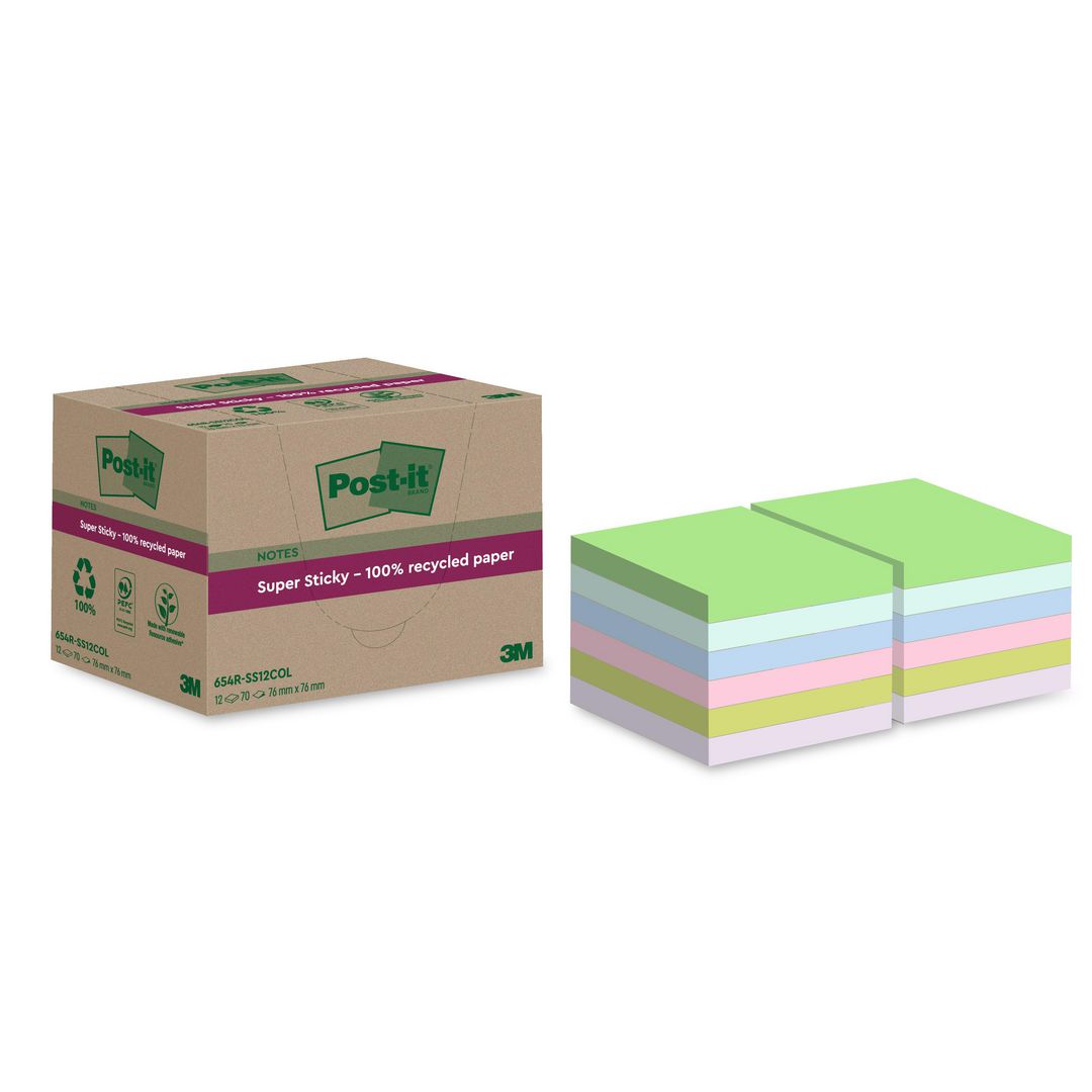 POST-IT Notes Super Sticky 76x76mm Recycled sorterade färger 12/fp | Kontorsmaterial - Notes och Post-It - Notes - Extra sticky | Kontorsexperten