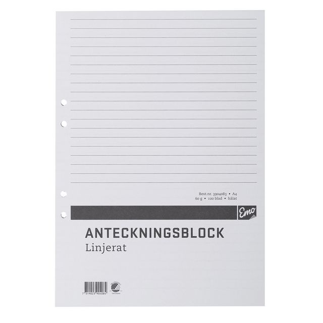Anteckningsblock A4 100 blad linjerat hålat TräFritt | Kontorsmaterial - Block och anteckningsböcker - Anteckningsblock | Kontorsexperten