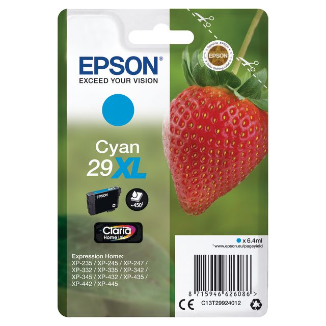 EPSON Bläckpatron 29XL, C13T29924012, Strawberry, Claria Home-bläck, cyan, singelförpackning, hög kapacitet | Toner och bläck - Bläckpatroner - Bläckpatroner Epson | Kontorsexperten