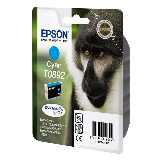 Epson Bläckpatron T0892, C13T08924010, Monkey, DURABrite Ultra-bläck, cyan, singelförpackning | Toner och bläck - Bläckpatroner - Bläckpatroner Epson | Kontorsexperten