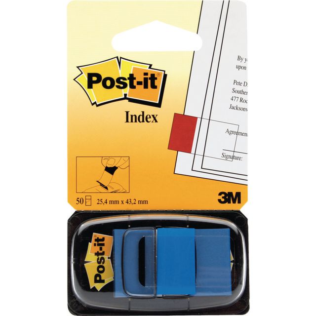 POST-IT Indexflikar, medium, 25,4 x 43,2 mm, blå, 50-pack med hållare, 680-2 | Kontorsmaterial - Indexflikar och märkflikar - Indexflikar i plast | Kontorsexperten