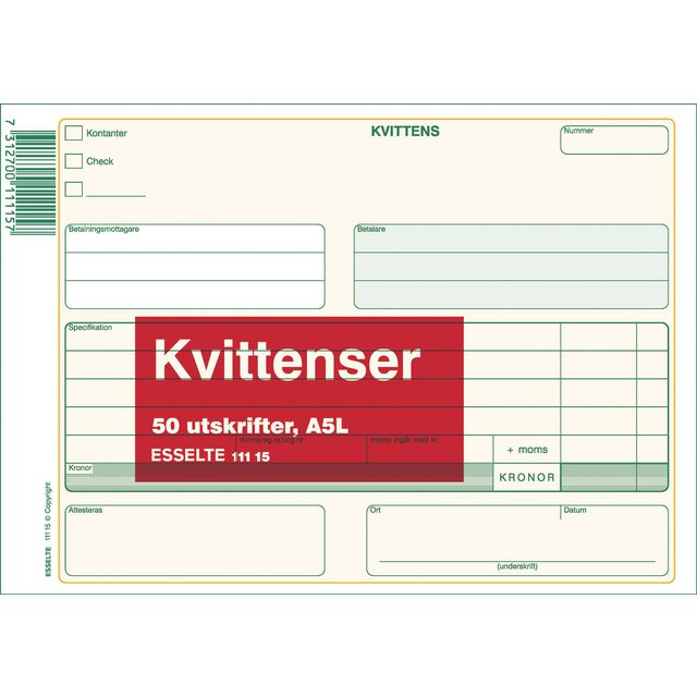 ESSELTE Blankett Kvittens A5L 50 blad | Kontorsmaterial - Blanketter och bokföring - Blanketter | Kontorsexperten