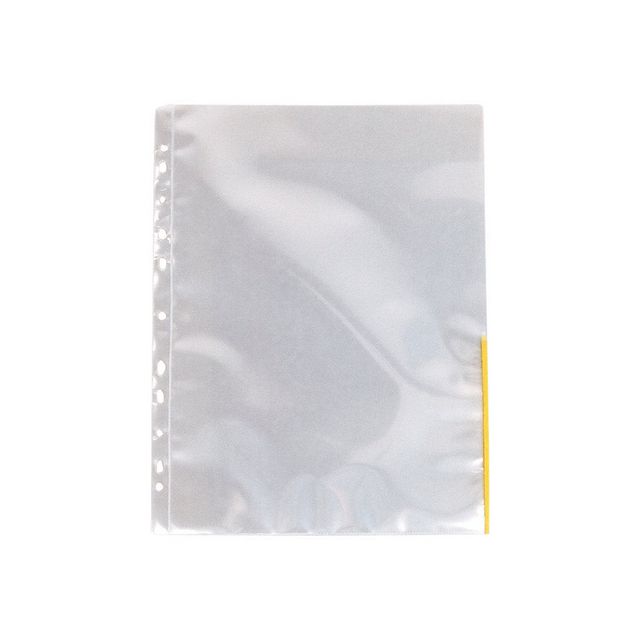 ESSELTE Plastficka signal, A4, stansad, 105 mikrometer, polypropylen, jämn, 11 hål, genomskinlig med gula remsor 100/fp | Kontorsmaterial - Mappar och plastfickor - Plastfickor - Signal | Kontorsexperten