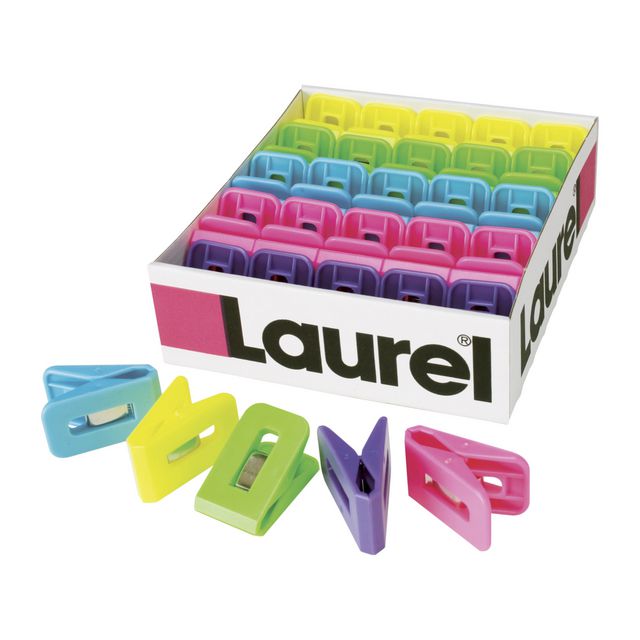 LAUREL Pappersklämmor, plast, mångsidiga, 25 x 43 mm, olika färger | Kontorsmaterial - Till skrivbordet - Pappersklämmor | Kontorsexperten