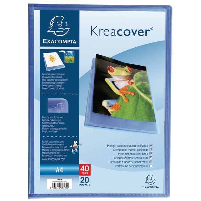 EXACOMPTA Demobok, Kreacover® A4, 20 fickor, anpassningsbar framsida, halvhård återvunnen polypropen, blå | Kontorsmaterial - Pärmar och register - Demopärmar och demoböcker | Kontorsexperten