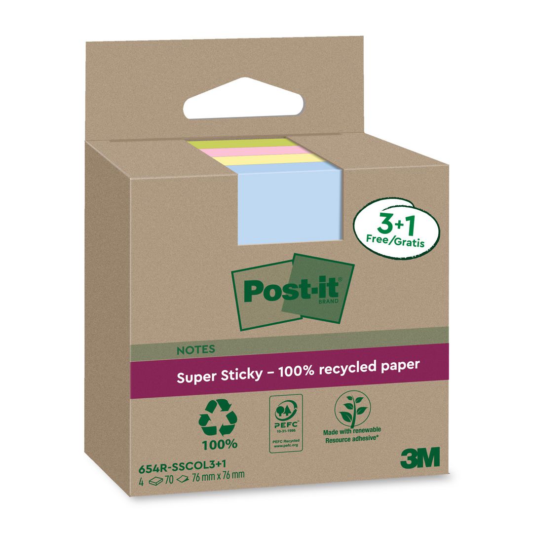 POST-IT Notes Super Sticky 76x76mm Recycled sorterade färger 4/fp | Kontorsmaterial - Notes och Post-It - Notes - Extra sticky | Kontorsexperten