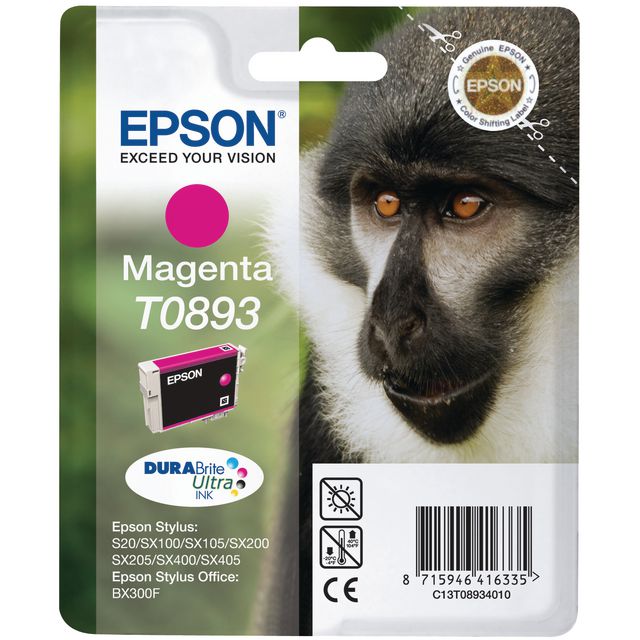Epson Bläckpatron T0893, C13T08934010, Monkey, DURABrite Ultra-bläck, magenta, singelförpackning | Toner och bläck - Bläckpatroner - Bläckpatroner Epson | Kontorsexperten