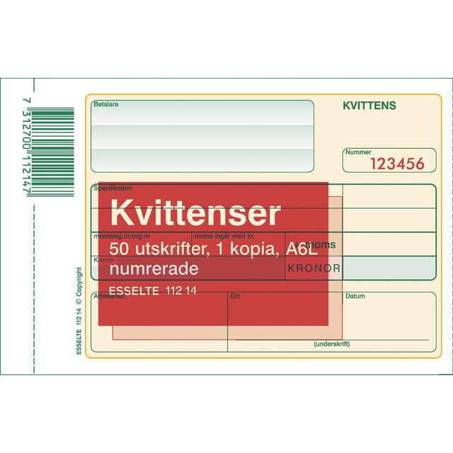 ESSELTE Blankett kvittens numrerad A6L 2x50 blad | Kontorsmaterial - Blanketter och bokföring - Blanketter | Kontorsexperten