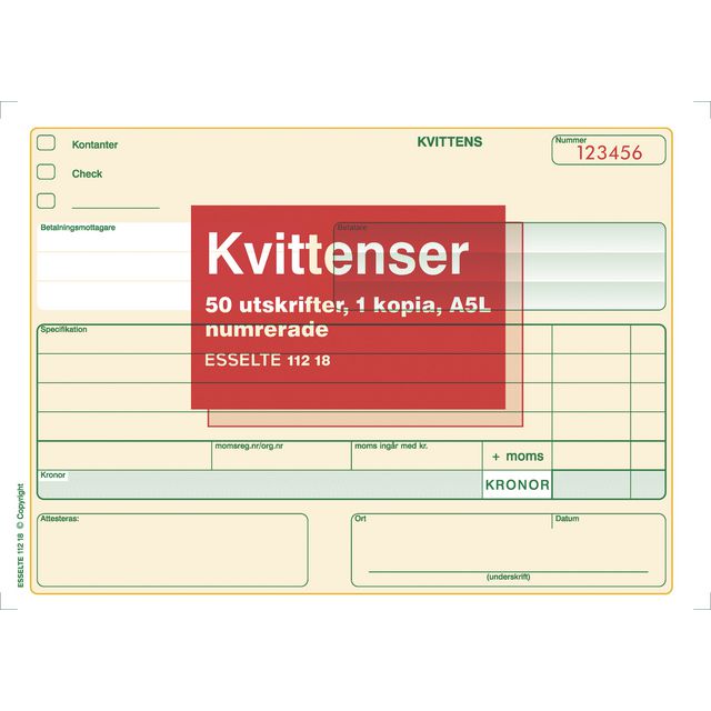 ESSELTE Blankett kvittens numrerad A5L 2x50 blad | Kontorsmaterial - Blanketter och bokföring - Blanketter | Kontorsexperten