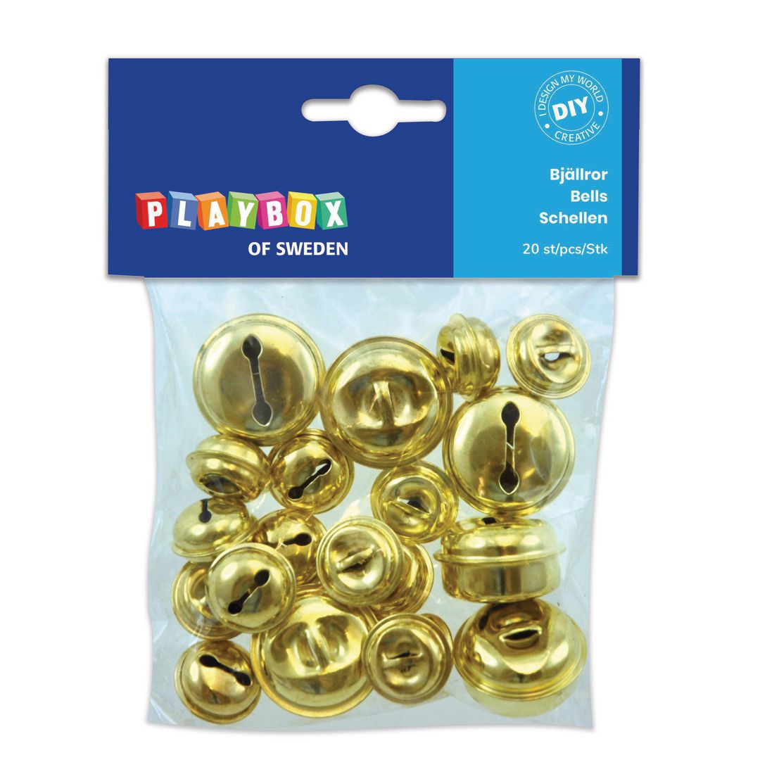 PLAYBOX Mässingsbjällror, ögla, runda, 20mm, 30mm, guld 20/fp | Skola och förskola - Hobbymaterial - Pyssel | Kontorsexperten