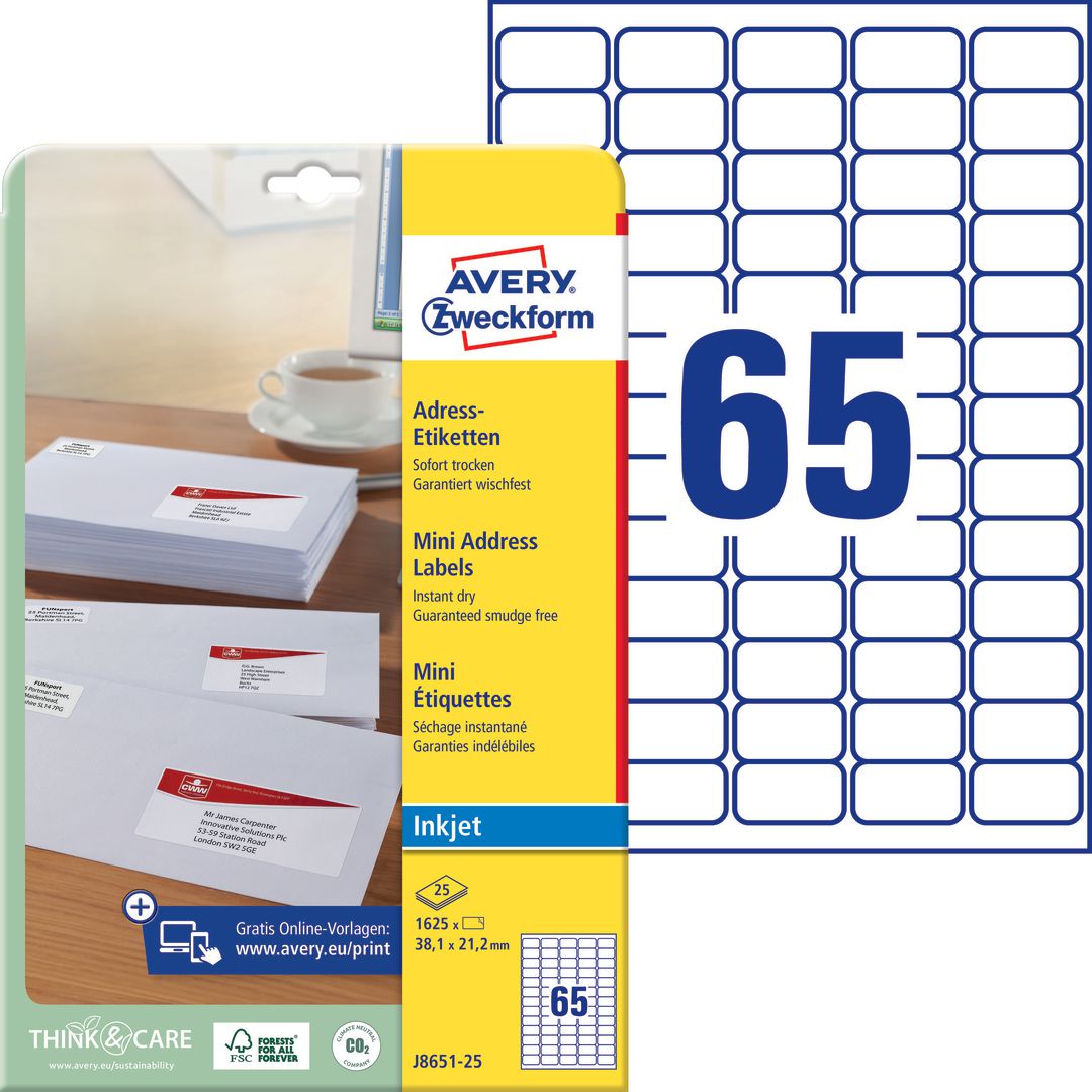 AVERY Etikett QuickDry 38,1x21,2mm 1625/fp | Emballage och lagerutrustning - Etiketter och godsmärkning - Adressetiketter | Kontorsexperten