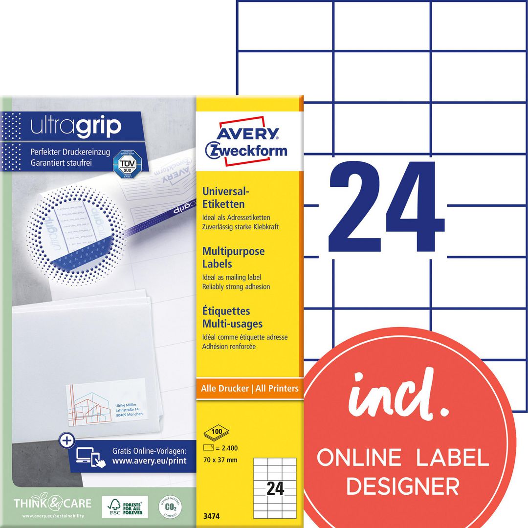 AVERY Etikett 70x37mm 2400/fp | Emballage och lagerutrustning - Etiketter och godsmärkning - Multifunktionsetiketter | Kontorsexperten