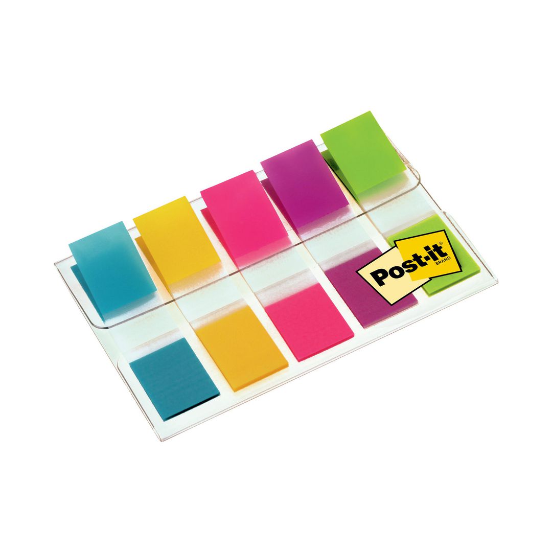 POST-IT Indexflikar, små, 11,9 x 43,1 mm, olika färger, 5 x förpackningar med 20, med hållare | Kontorsmaterial - Indexflikar och märkflikar - Indexflikar i plast | Kontorsexperten