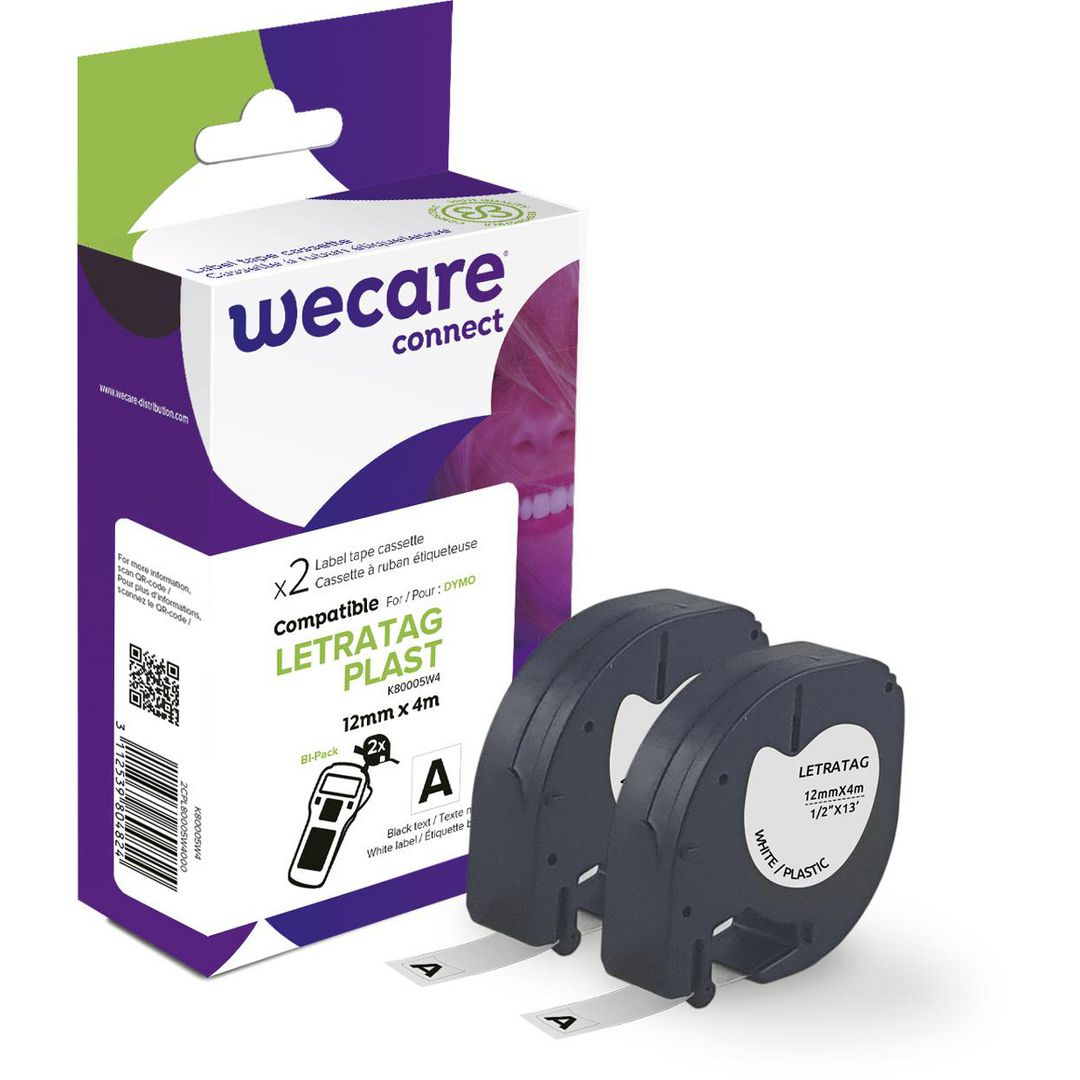 WECARE Tape Plast 12mmx4m Svart på Vit 2/fp | Kontorsmaskiner - Märkmaskiner och tape - Tape - Brother TZ | Kontorsexperten
