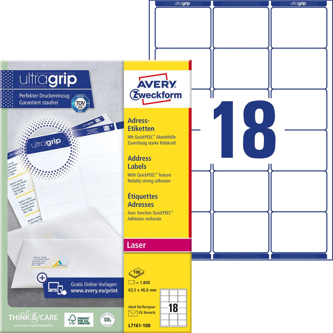 AVERY ZWECKFORM Etikett UltraGrip 63,5x46,6mm 1800/fp | Emballage och lagerutrustning - Etiketter och godsmärkning - Adressetiketter | Kontorsexperten