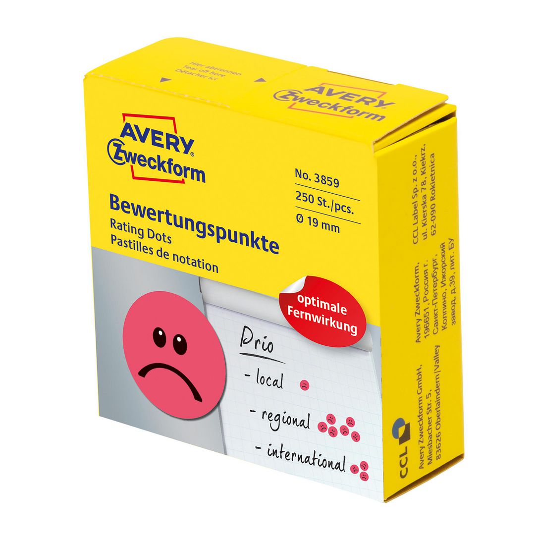 AVERY Etikett unhappy smiley röd 250/fp | Emballage och lagerutrustning - Etiketter och godsmärkning - Specialetiketter | Kontorsexperten