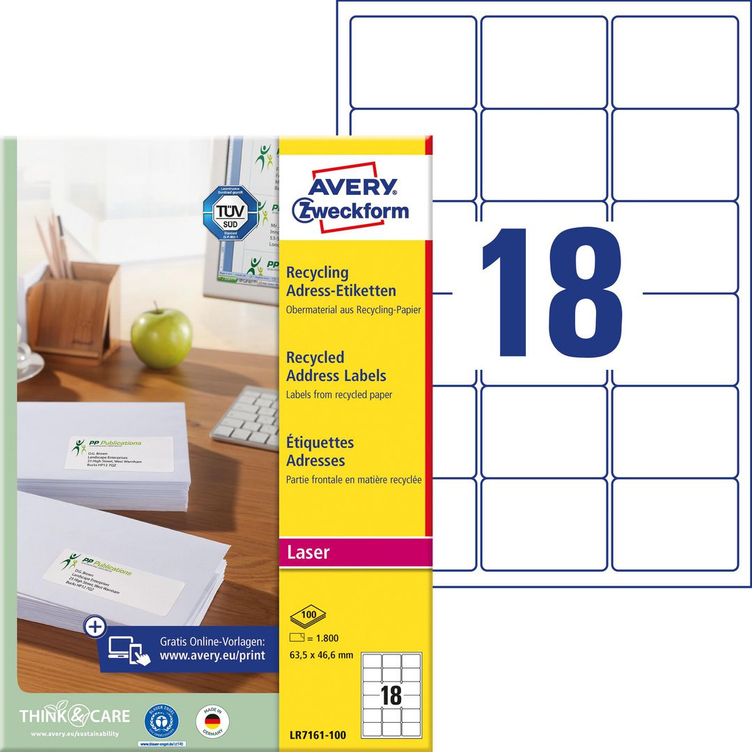AVERY Etikett återvunnen 63,5x46,6mm 1800/fp | Emballage och lagerutrustning - Etiketter och godsmärkning - Adressetiketter | Kontorsexperten