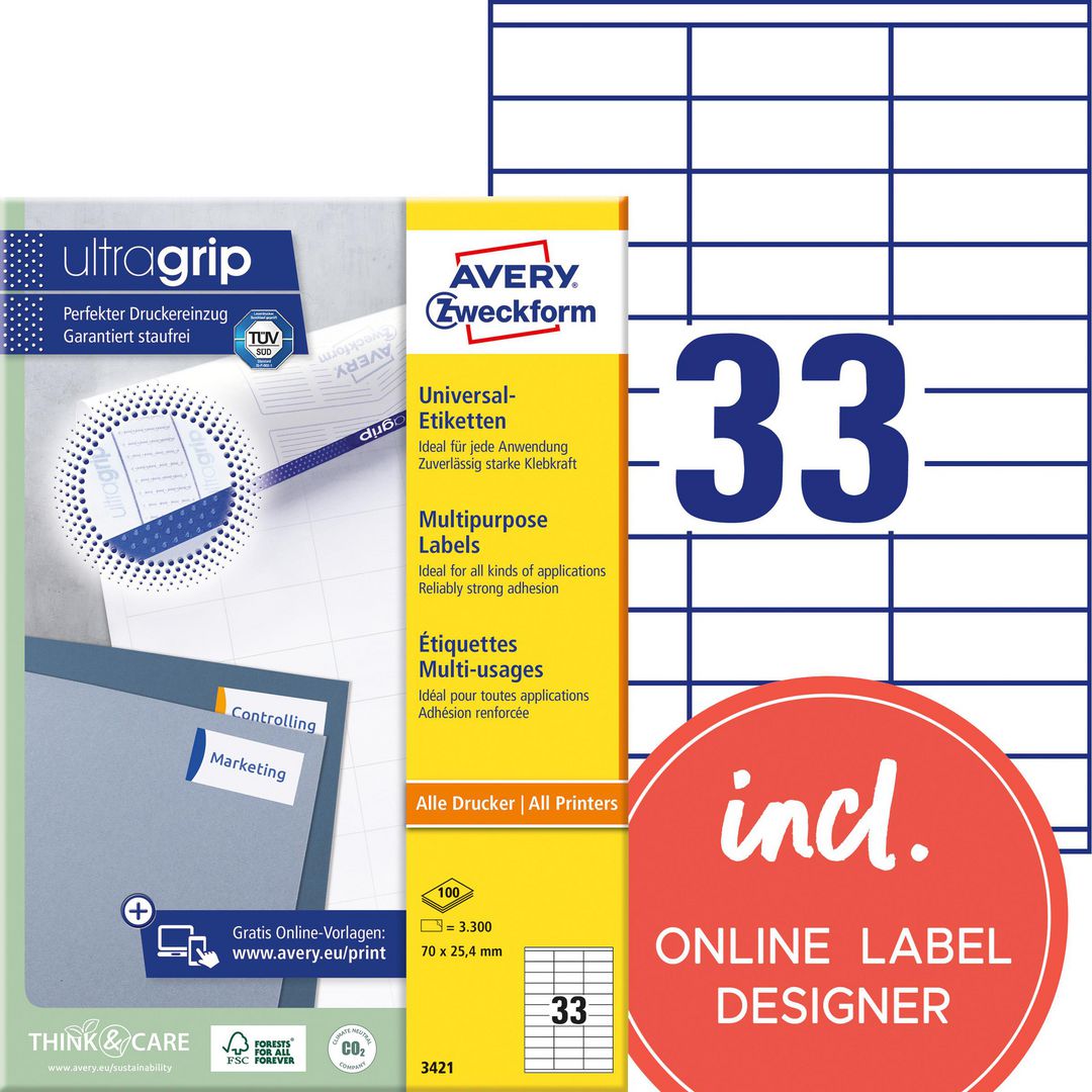 AVERY Etikett UltraGrip 70x25,4mm 3300/fp | Emballage och lagerutrustning - Etiketter och godsmärkning - Multifunktionsetiketter | Kontorsexperten