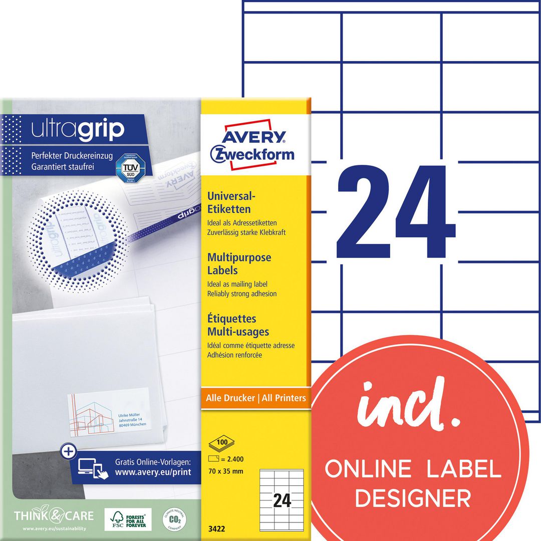 AVERY Etikett UltraGrip 70x35mm 2400/fp | Emballage och lagerutrustning - Etiketter och godsmärkning - Multifunktionsetiketter | Kontorsexperten