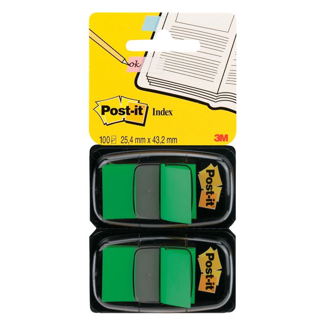 POST-IT Indexflikar, medium, 25,4 x 43,2 mm gröna 2 x 50 dubbelpack med hållare 680-G2EU | Kontorsmaterial - Indexflikar och märkflikar - Indexflikar i plast | Kontorsexperten