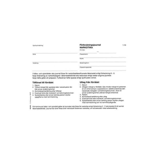 Häfte Narkotikajournal A5 | Sjukvård och omsorg - Diagnos och behandling - Blanketter och journalerer | Kontorsexperten