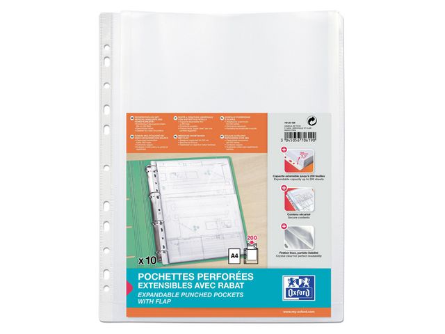 Oxford Plastficka, A4, stansad, 200 mikrometer, polypropylen, jämn, 11 hål, genomskinlig 10/fp | Kontorsmaterial - Mappar och plastfickor - Plastfickor - Bälg | Kontorsexperten