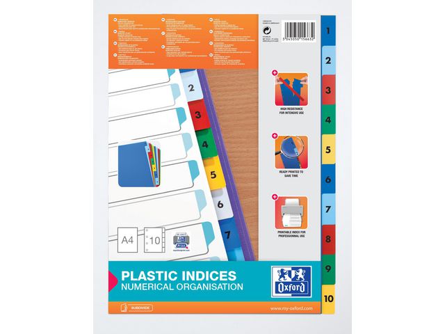 Oxford Plastregister, polypropylen, 10 delar, 1-10, A4, olika färger | Kontorsmaterial - Pärmar och register - Plastregister - Tryckta | Kontorsexperten