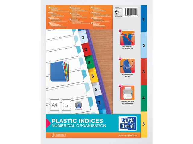 Oxford Plastregister, polypropylen, 5 delar, 1-5, A4, olika färger | Kontorsmaterial - Pärmar och register - Plastregister - Tryckta | Kontorsexperten