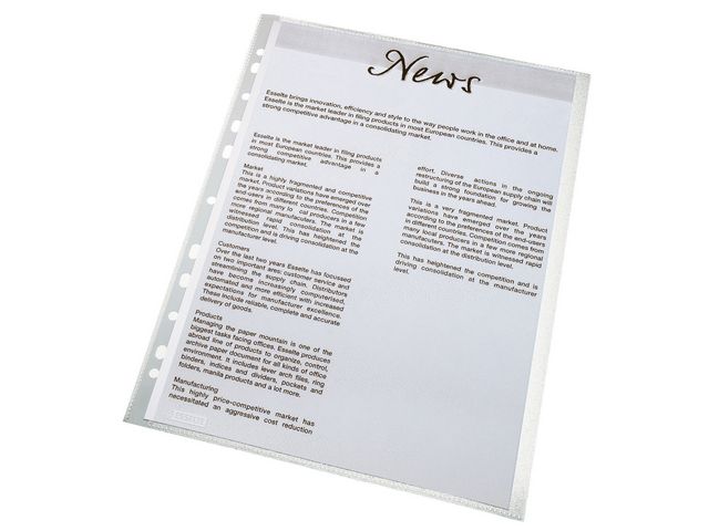 Esselte Plastficka, A4, stansad, 115 mikrometer, polypropylen, jämn, 11 hål, genomskinlig 100/fp | Kontorsmaterial - Mappar och plastfickor - Plastfickor - Öppen överkant | Kontorsexperten