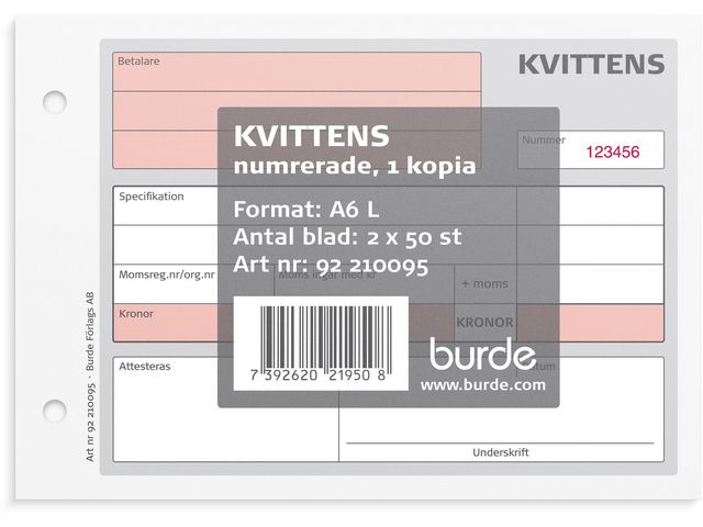 Burde Blankett kvittensblock A6L 2x50 blad med kopia | Kontorsmaterial - Blanketter och bokföring - Blanketter | Kontorsexperten