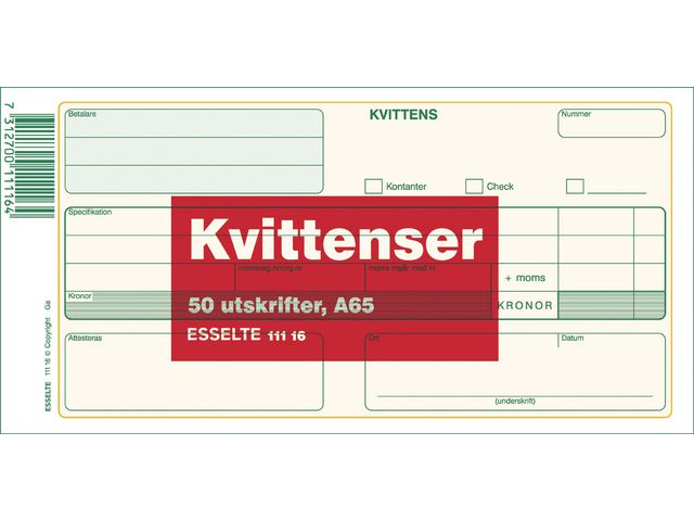 Esselte Blankett Kvittens A65 50 blad | Kontorsmaterial - Blanketter och bokföring - Blanketter | Kontorsexperten