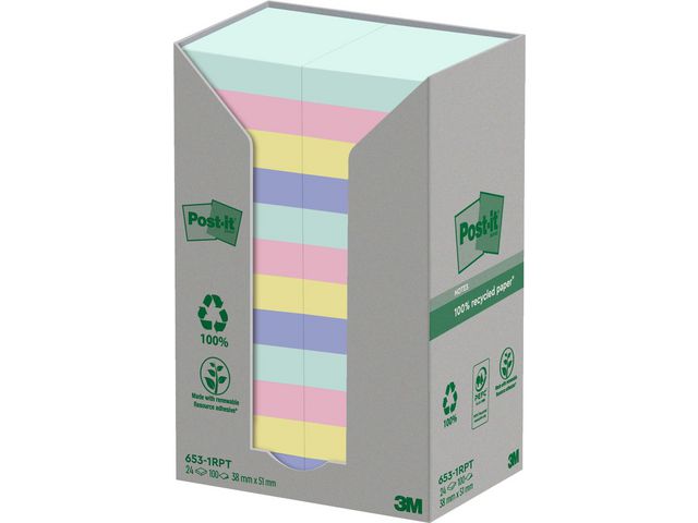 POST-IT Notes 100% recycled 38x51mm sorterade färger 24/fp
