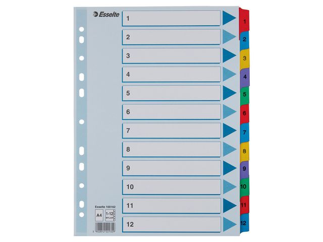 Esselte Indexavdelare, A4, polyester, 1–12 flikuppsättning, olika färger | Kontorsmaterial - Pärmar och register - Servoregister | Kontorsexperten