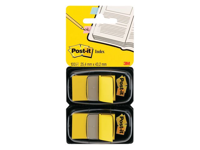 Post-it® Indexflikar med hållare, medium 25,4 x 43,2 mm, gula, 2 x 50 dubbelförpackning | Kontorsmaterial - Indexflikar och märkflikar - Indexflikar i plast | Kontorsexperten