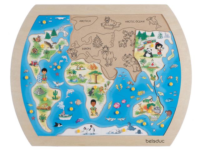 Inramat pussel, tema baserat på världskarta, 21 bitar, screentryckt plywood | Skola och förskola - Lekmaterial - Pussel - Knoppussel | Kontorsexperten