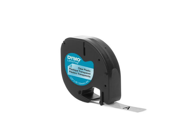 DYMO Tape LetraTag plast 12mm svart på klar | Kontorsmaskiner - Märkmaskiner och tape - Tape - Dymo LetraTag | Kontorsexperten