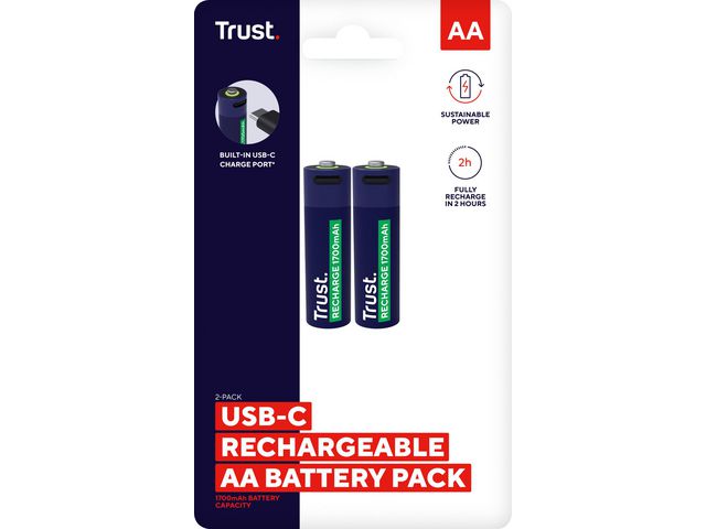 TRUST Batteri Laddbar TRUST AA USB-C 2/fp | Kontorsmaskiner - Batterier - Uppladdningsbara | Kontorsexperten