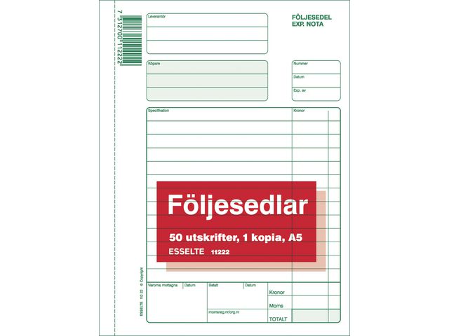 Esselte Blankett Följesedlar A5 2x50 blad | Kontorsmaterial - Blanketter och bokföring - Blanketter | Kontorsexperten