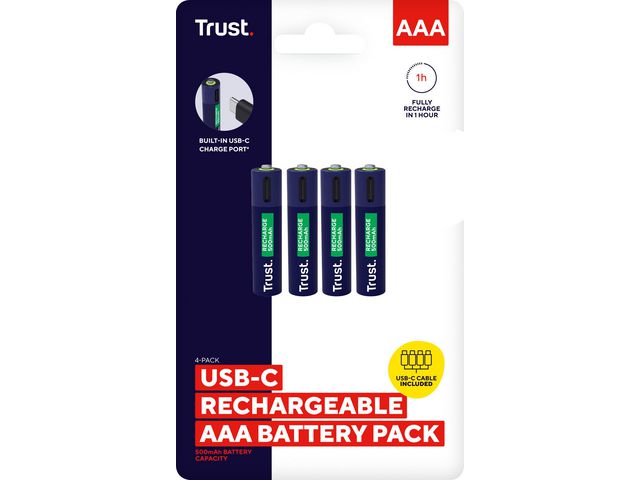 TRUST Batteri Laddbar TRUST AAA USB-C 4/fp inkl. laddare | Kontorsmaskiner - Batterier - Uppladdningsbara | Kontorsexperten